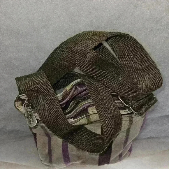 Thirty One Crossbody Canvas Purple Tan Brown Purple Stripe Multiple Pockets - Picture 2 of 10
